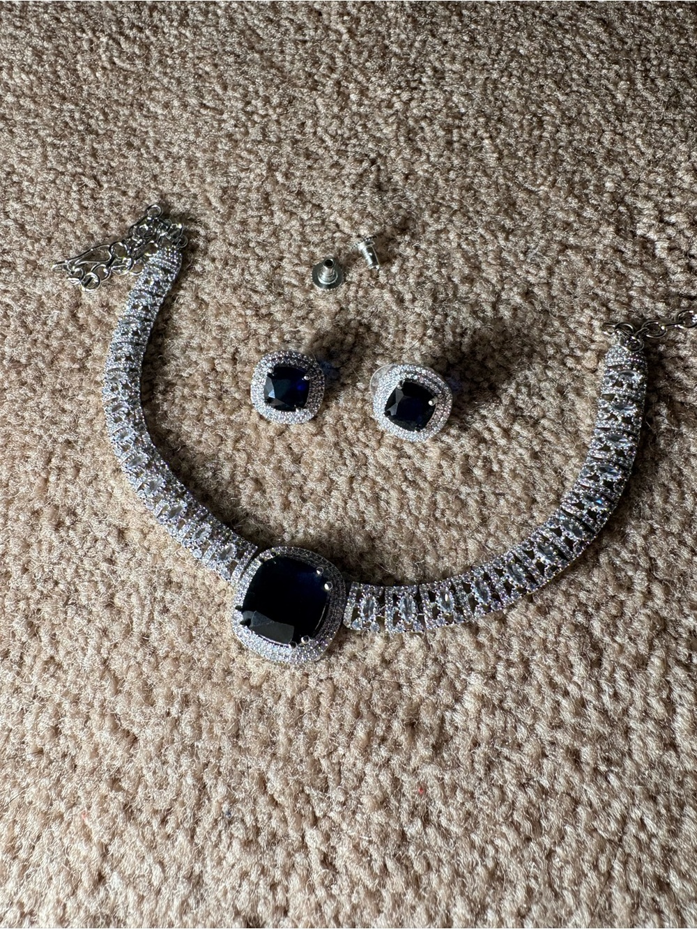 Silver-Tone Necklace & Stud Earrings with Deep Blue Stones